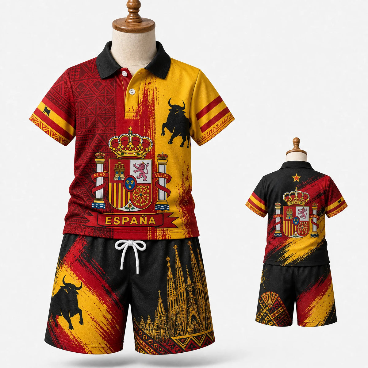 Kinder Spanien Polo-Shirt und Shorts Set für Jungen und Mädchen, Passendes Sommer-Outfit in Rot-Schwarz mit Wappen und Stier-Grafik, Lässiges Reise- und Urlaubsoutfit