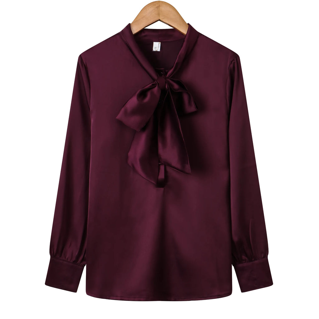 Modische Bluse, einfarbig, Seidenhemd, Schmetterlingskragen, Damen-Büro-Oberteil, langärmlig