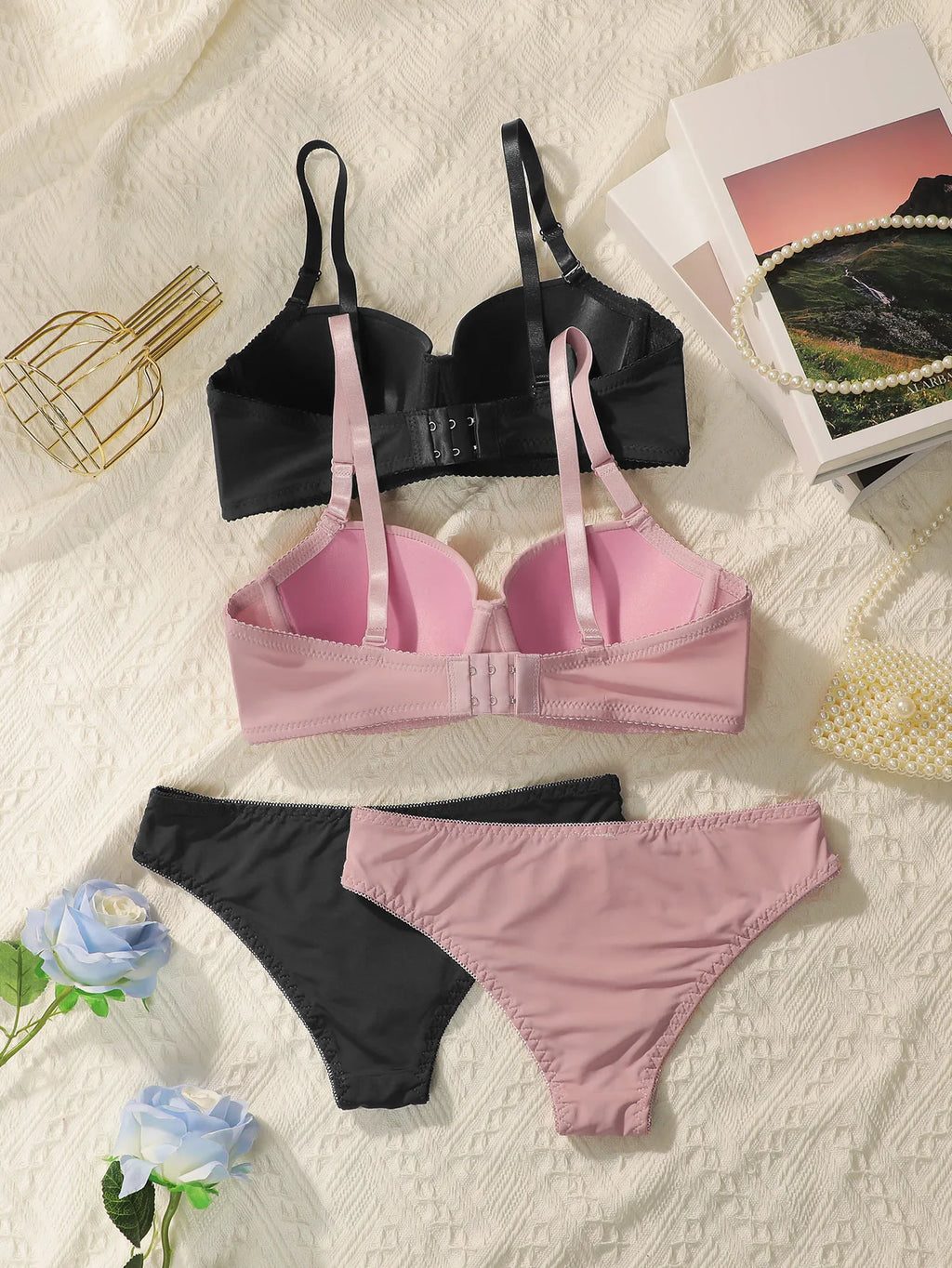 Neues 2-teiliges einfarbiges Dessous-Set Damen-Stahl kragen Push-up-BH Damen-Dessous-Unterwäsche Tägliches BH-Set j2611
