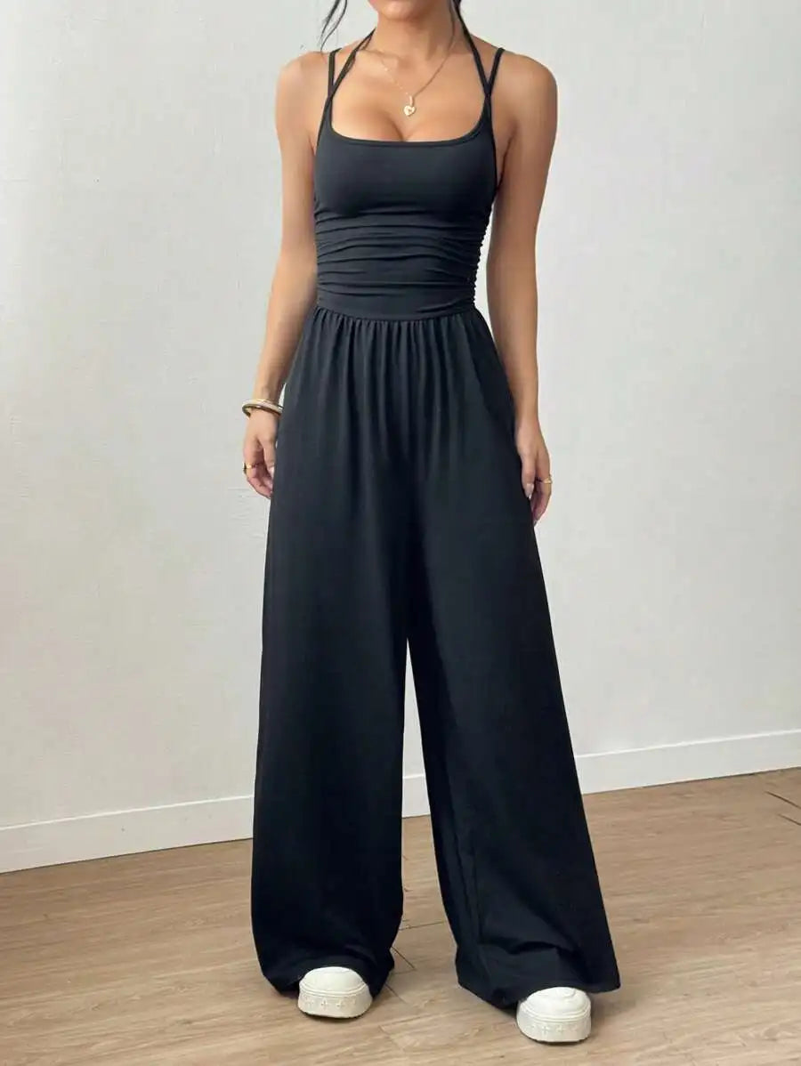 Damen Sommer Schwarzer Lässiger Jumpsuit mit Verstellbarem Neckholder-Ausschnitt, Plissiert, Locker Geschnitten, Gerades Bein, Casual-Outfit für Frauen
