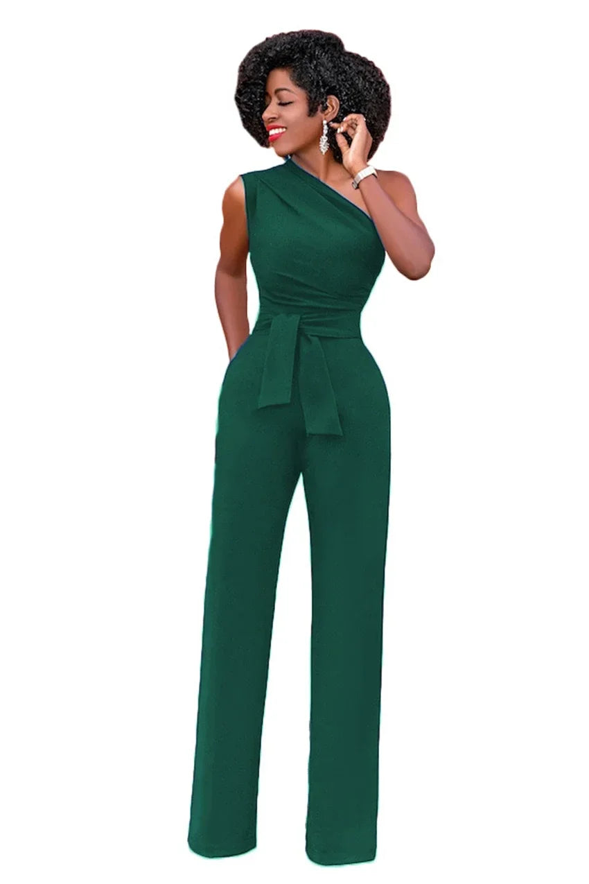 Damen-Overall, einfarbig, Skew-Kragen, bauchfreies Top, gerade Hosen, Gürtel, sexy, ärmellos, lockere Hosen, elegante, charmante Playsuits 2024