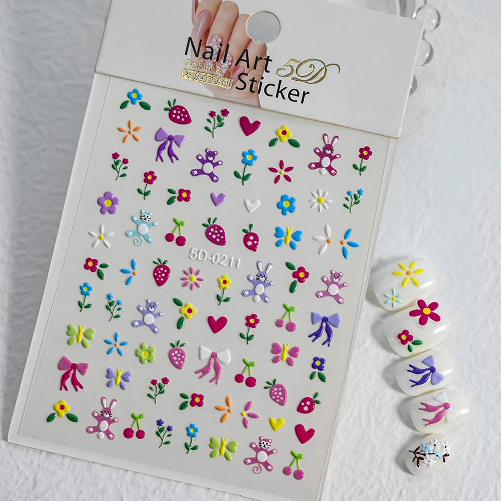 1Pc 5D Geprägte Kawaii Floral Schmetterling Nagel Aufkleber 3D Cartoon Bogen Kaninchen Erdbeere Klebe Aufkleber Urlaub Nagel Sliders