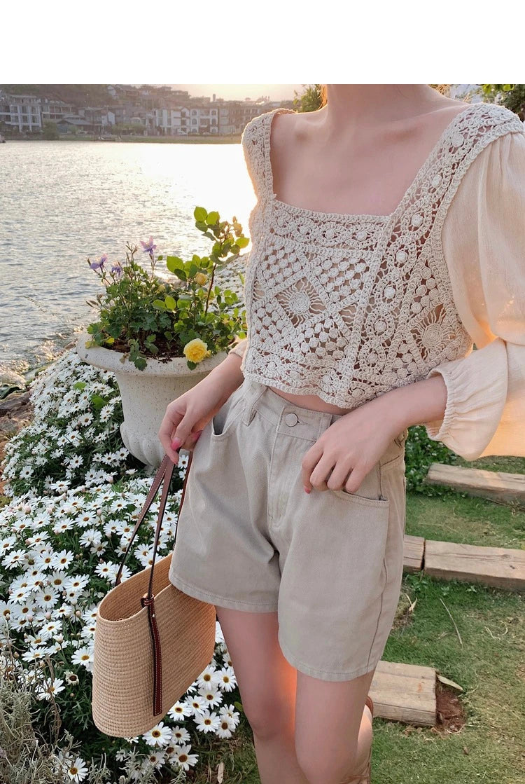 2026 Sommer Langarm Vintage National Trend Damenbekleidung Ausgehöhlte Spitze Patchwork Chiffon Hemden Damen Blusen Großhandel