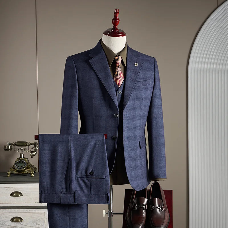 Hochwertiges, Modisches und Stilvolles Hochzeits-Casual-Karo-Anzug-Set, Herren Business-Casual-Anzug Dreiteiliges Set