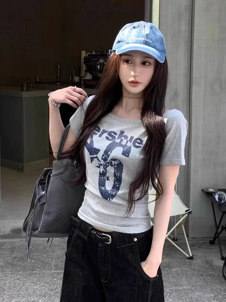Y2k Sport Sommer Off schulter Top Frauen Sexy Vintage 2000s kurzarm T shirt Dame Körper Grundlegende Crop Top weibliche Casual