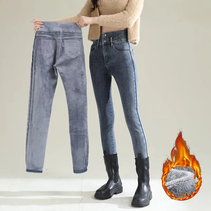 Winter Dame Plüsch Thermische Schmale Gerade Bein Jeans Mädchen Schnee Warme Casual Denim Hosen Frauen Klassische Koreanische Fleece Hosen