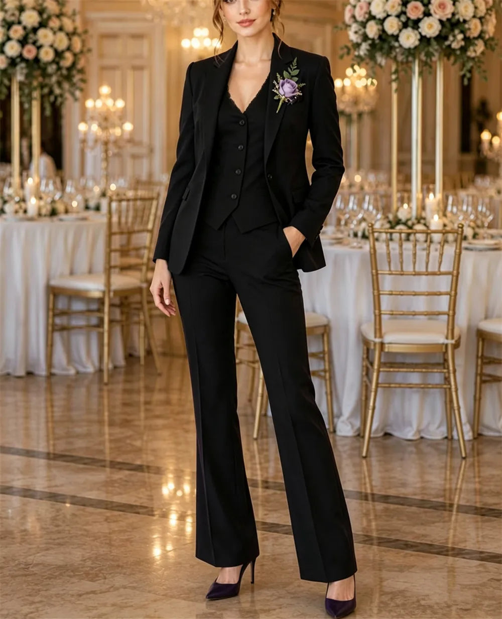 Moderner Damenanzug in Lila, 3-teilig, Elegantes Abend- und Business-Outfit, Büroanzug Blazer+Weste+Hose