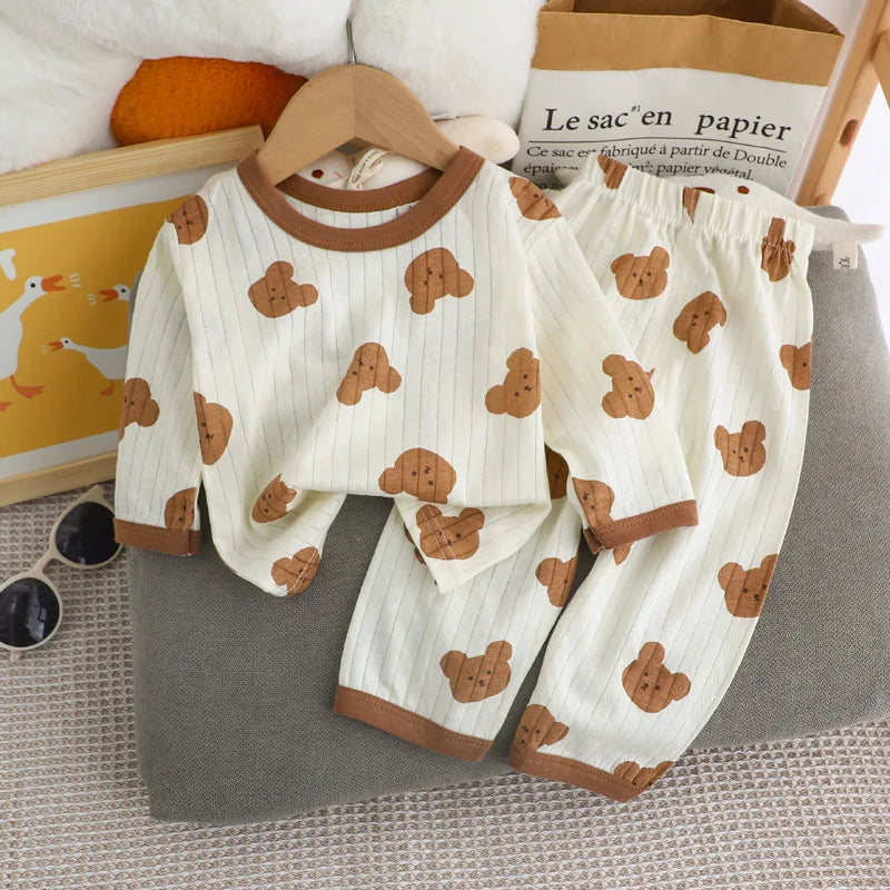 Sommer Baby Home Kleidung Pyjama Cartoon Bär Druck Langarm Hosen Set Kinder Jungen Mädchen dünne zweiteilige Kleidung Anzug Outfits
