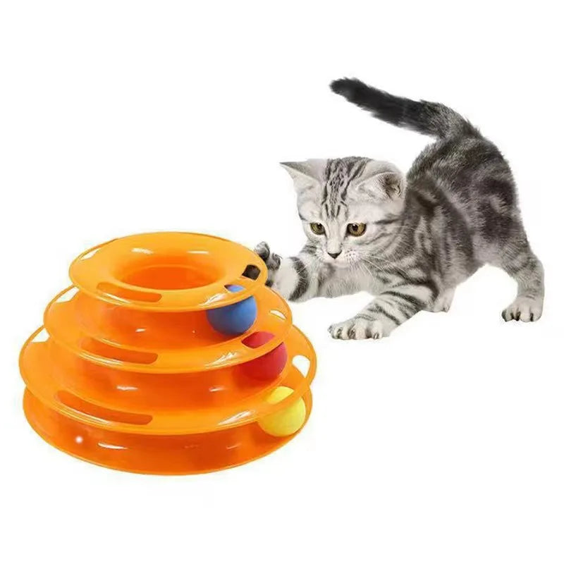 4-stufiger Katzenspielzeugturm, Plattenspieler, Rollbälle, Spielzeug, interaktives Intelligenztraining, Gleis, Puzzle, lustiges Spieletzubehör