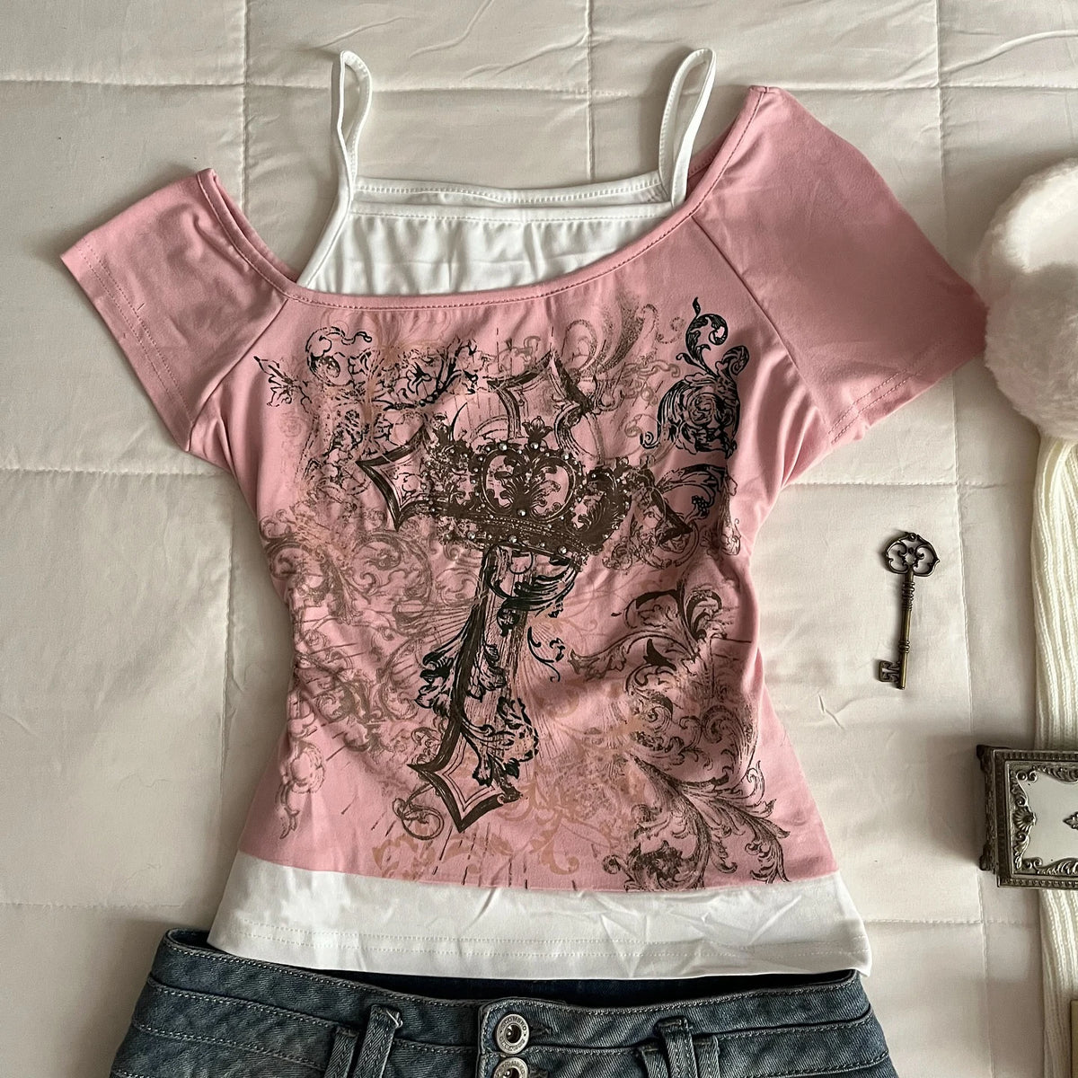 Y2K Harajuku Damen Millennium Kurzarm Top Harajuku Rosa Bedruckt Lässige Mode Street Style Süß Sexy Millennium Style