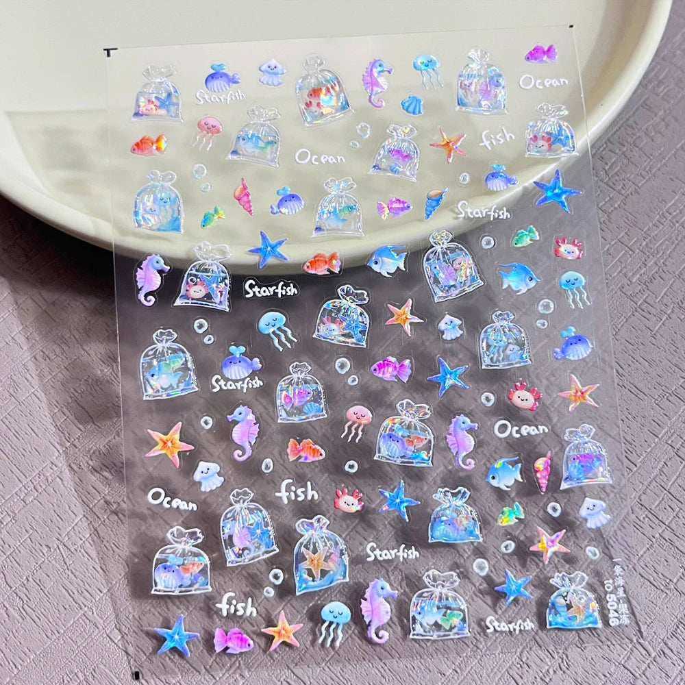 Bunte Blasen Laser Shattered Glass Effect Nail Art Aufkleber Regenbogen Bagful Goldfish 5D Aufkleber Selbstklebende Maniküre Sliders