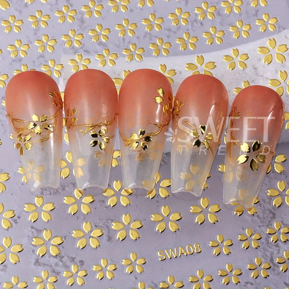2/3 Stück holografische Sakura-Blumen-Nagelaufkleber, Kirschblütenblatt-Design, Silber, Gold, Blumenmuster, Sommer-Klebeaufkleber, Maniküre-Spitze