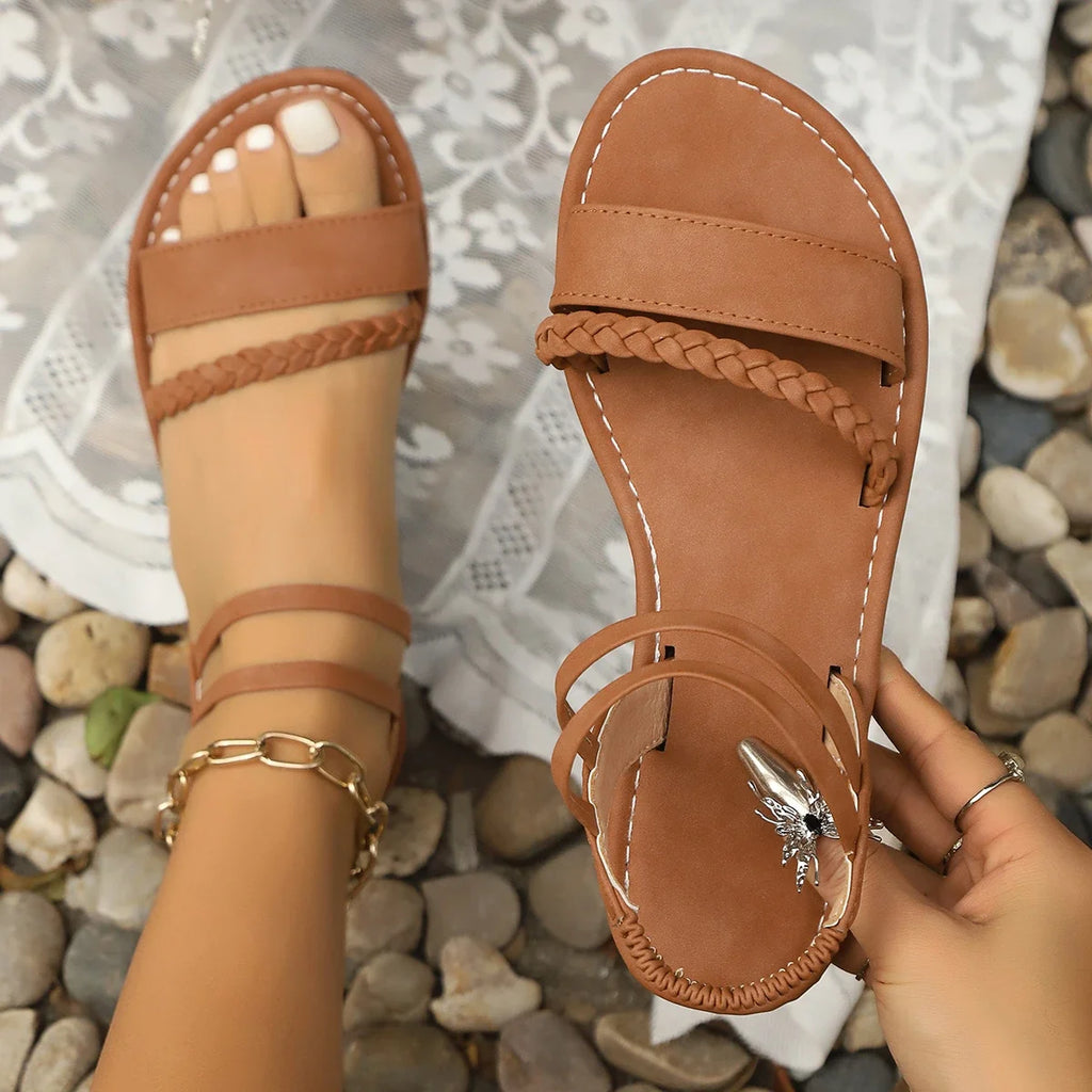 Modische lässige flache Sandalen für Damen, Übergröße, Damenschuhe, neuer Stil, geflochtener Fuß, elastisches Band, römische Strandschuhe