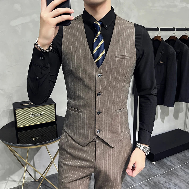 Slim Fit Zweireiher Gestreifter Anzug Weste Hose 3-teiliges Set Koreanische Mode M-7XL Herren Modischer gestreifter dreiteiliger Anzug