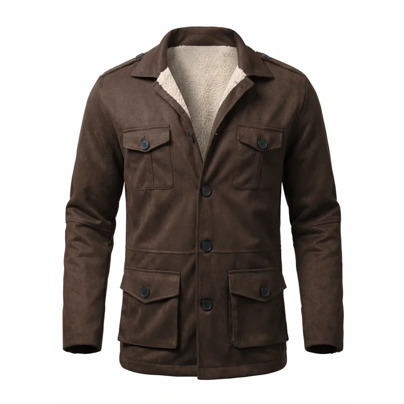 Winter-Arbeitsjacke für Herren, Kunstwildleder, Mehrzwecktaschen, Lässige Outdoor-Wanderjacke, Herren-Kunstwolljacke für den Winter