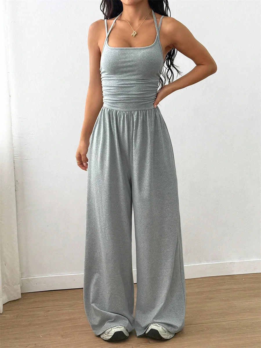 Damen-Jumpsuit mit Neckholder, geraffter Taille, U-Ausschnitt, weitem Bein, einfarbig, Sommer 2026, Alltagskleidung, Freizeit, für Büro und Studenten