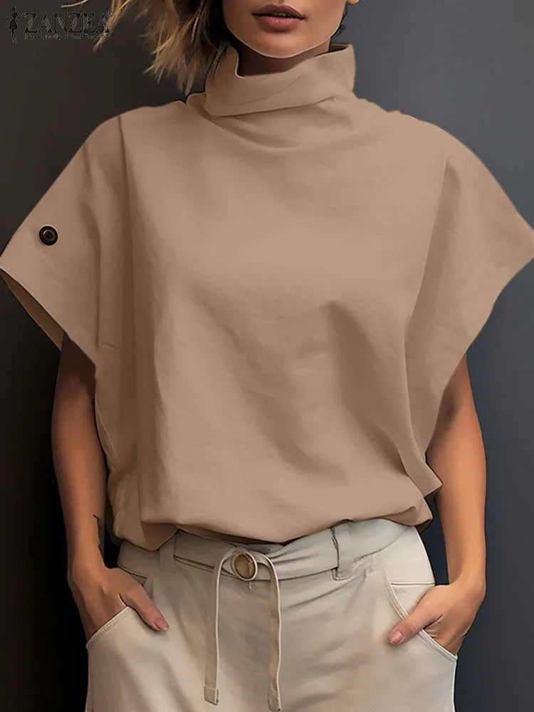 ZANZEA Frauen Stilvolle Tunika Tops Sommer Büro OL Shirts Kurzarm Elegante Arbeit Bluse Weibliche Rollkragen Blusas Mujer Oversize