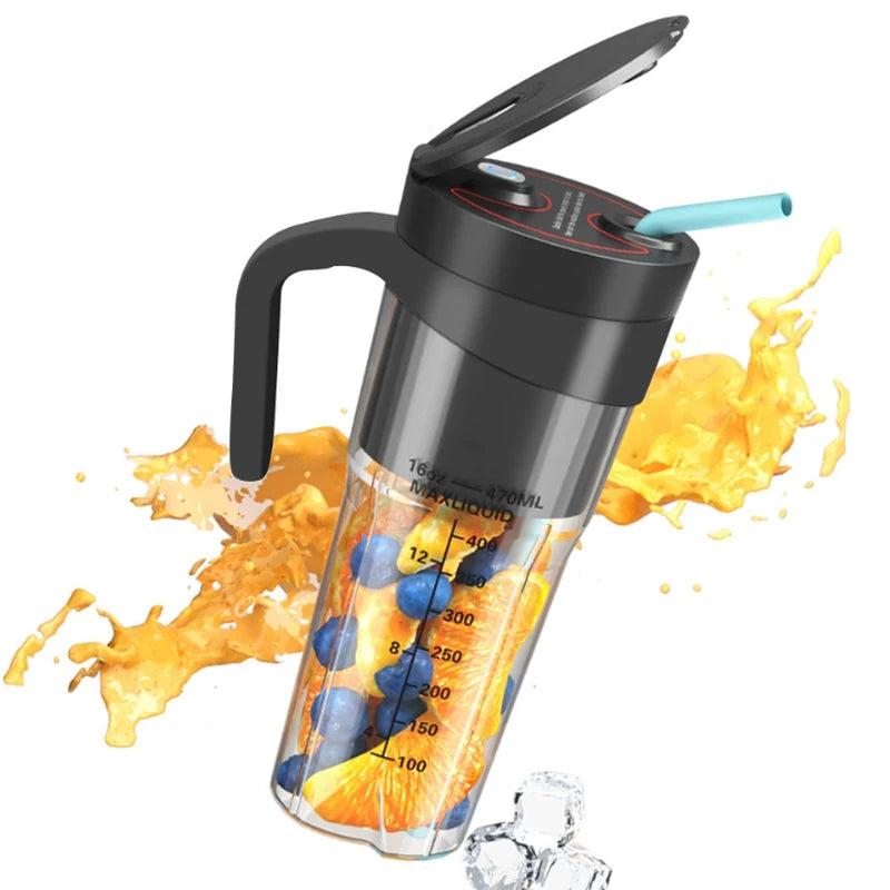 Tragbarer elektrischer Entsafter, USB-wiederaufladbar, multifunktionaler Mixer, Entsafterbecher, geeignet für Saft, Milchshakes, 6-Klingen-Schneider, 470 ml