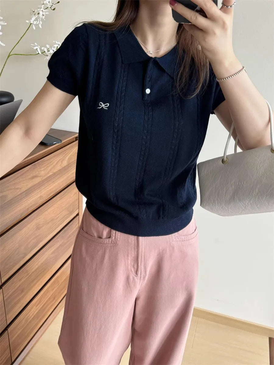 AOSSVIAO 2026 Sommer Neue Koreanische Mode Slim Fit Poloshirt Gestricktes Kurzarm-T-Shirt Süße Schleife Besticktes Strickoberteil für Damen