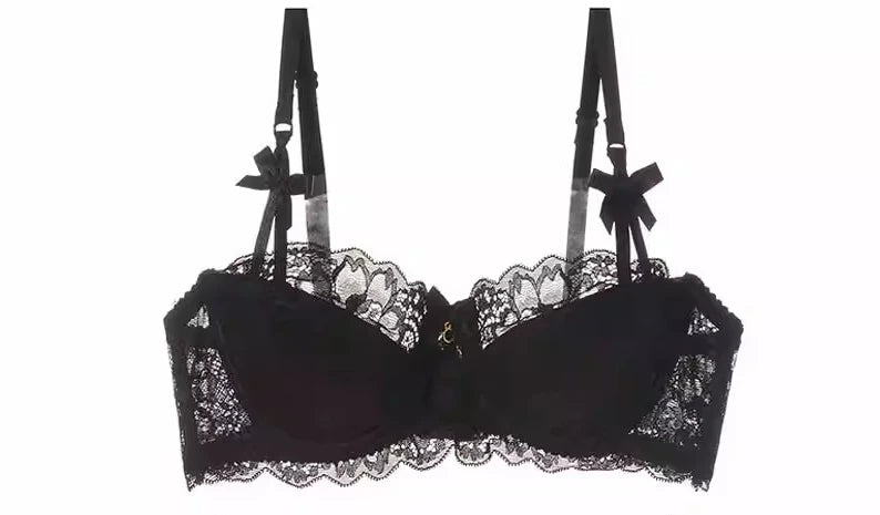 Sexy Push-up-BH-Set aus französischer Spitze für kleine Brüste, Anti-Durchhänger-Dessous-Set mit halben Körbchen und Höschen, durchsichtige verstellbare Träger