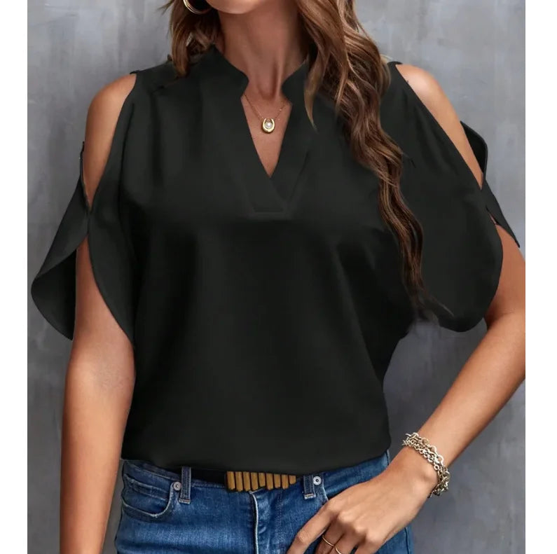 Große Größe neue Sommer und Herbst Damen Bluse Shirt modische V-Ausschnitt Solid Tops Kurzarm Damenbekleidung