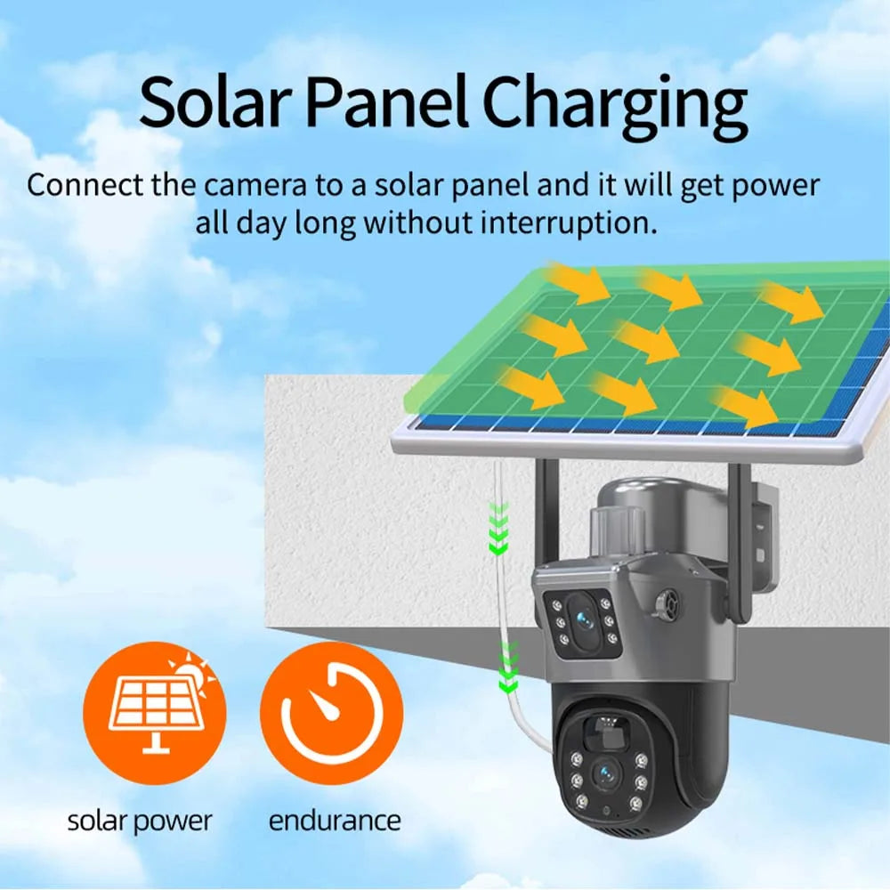 8MP 4K WiFi-Solarkamera, drahtlose Überwachungskamera für den Außenbereich, PIR-Personenerkennung, CCTV-Überwachungskameras, mit Solarpanel, PTZ-IP-Kamera mit zwei Objektiven, Sicherheitsschutz