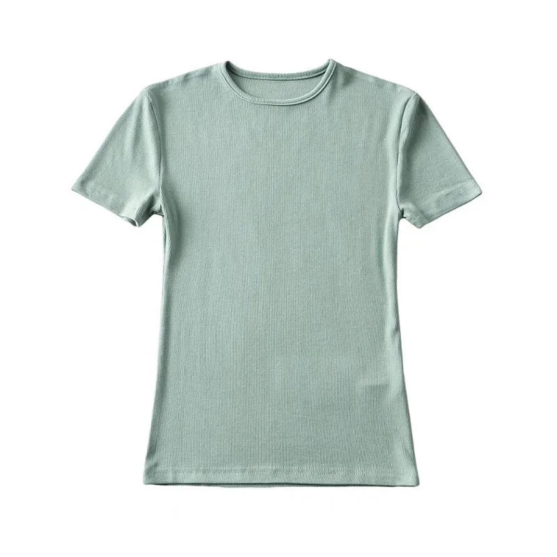 Casual Sommer Frau Skinny Fit T-shirt Enge Kurzhülse O-ansatz T Grundlegende Solide Crop Tops T Shirt