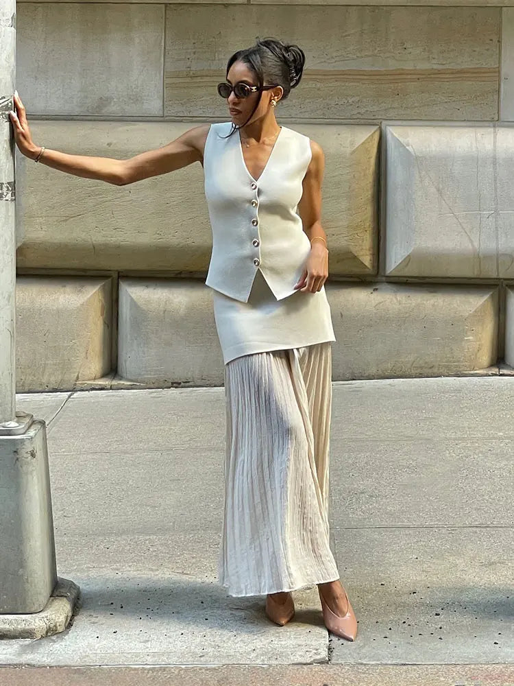 HH Frauen Elegante Solide Strick Weste Röcke Anzug V-ausschnitt Einreiher Westen Tops Hohe Taille Patchwork Rock Sommer Outfits