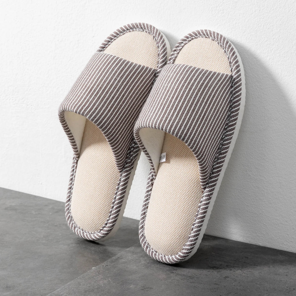 Herren Rutschfeste Leinen-Hausschuhe für Frühling und Sommer, Atmungsaktive Innenraumschuhe mit Offener Zehenpartie und Rutschfestem Streifendesign