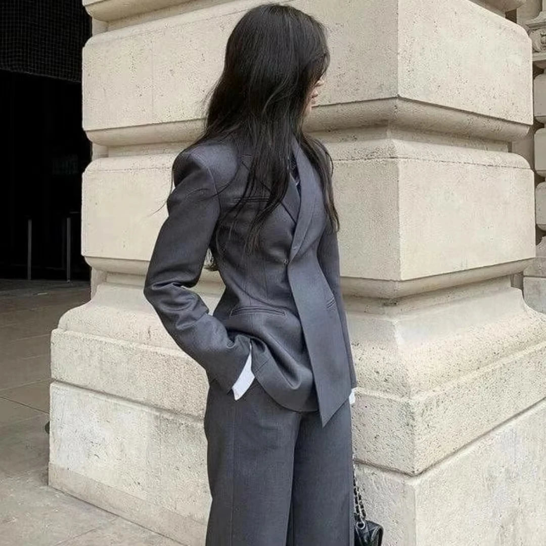 2-teiliger Damenanzug für Hochzeiten, dunkelgrau, einfarbig, locker geschnitten, für Business, Arbeit, Büro, Pendeln, Alltag, Blazer und Hose