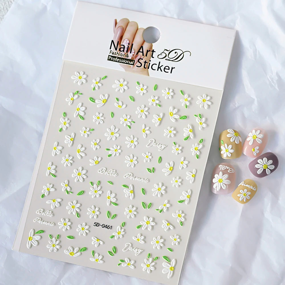 5D süße weiße Gänseblümchen Nagelaufkleber Kawaii Blume grünes Blatt Gänseblümchen japanische Nail Art Dekorationen Abziehbilder DIY Maniküre Zubehör # 9