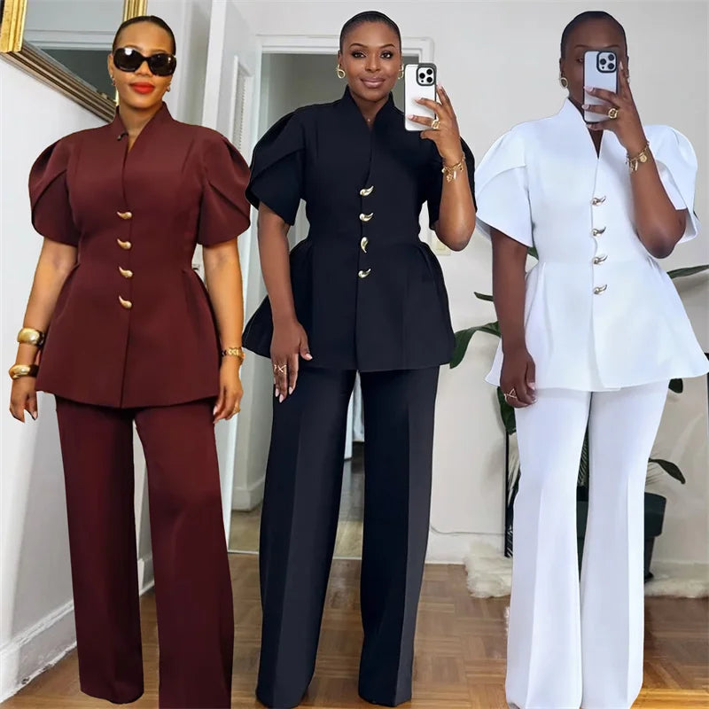 Vintage Elegante Zwei Stück Set Frauen Passenden Sets Büro Dame einreiher Puff Sleeve Blazer Mantel und Breite Bein Hosen anzüge
