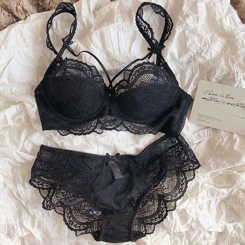 MOYISU Sexy Spitzen-Bralette-Set, kleine Brüste, französisches Design, abnehmbare Träger mit dünnen Push-Up-Pads, weiche Bügel-BH-Abdeckung, Oberteil AB