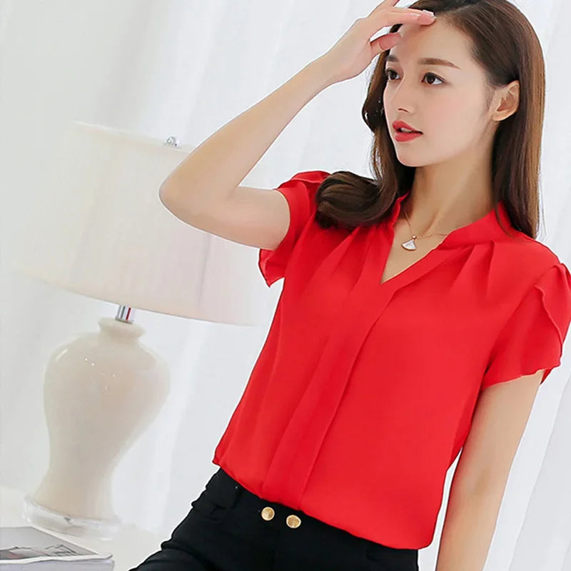 2024 frauen Hemd Chiffon Blusas Femininas Tops Kurzarm Elegante Damen Formale Büro Bluse Chiffon Hemd Kleidung