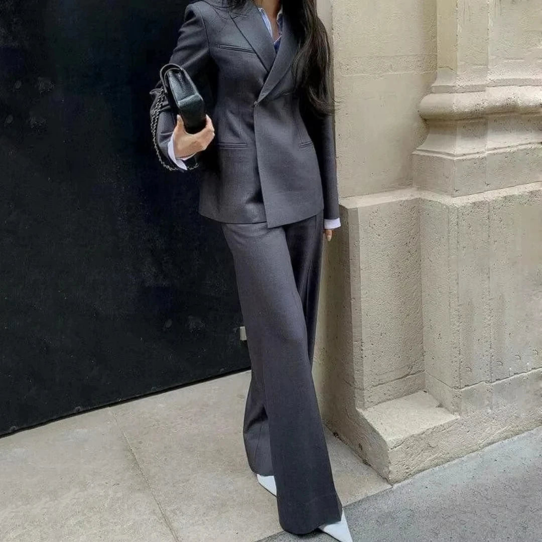 2-teiliger Damenanzug für Hochzeiten, dunkelgrau, einfarbig, locker geschnitten, für Business, Arbeit, Büro, Pendeln, Alltag, Blazer und Hose