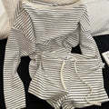 Frühling Herbst Neue Pyjama-Sets für Damen im Koreanischen Stil Lässige Langarm Off-Shoulder T-Shirts Gestreifte Shorts Haus- und Freizeitkleidung Set