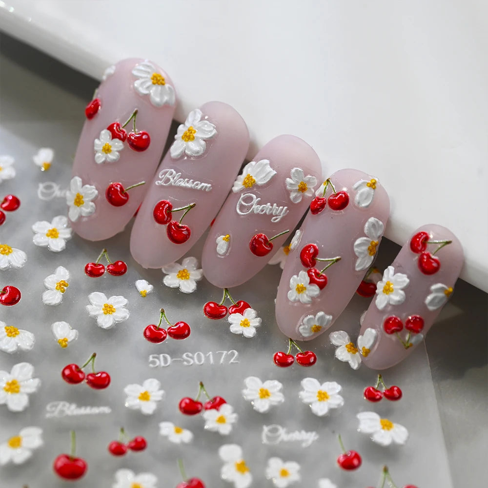 5D Frische Kirschblüten Nagelaufkleber Geprägte Frühlings-Blumen- und Fruchtdesigns DIY Süße Maniküre-Dekorationen