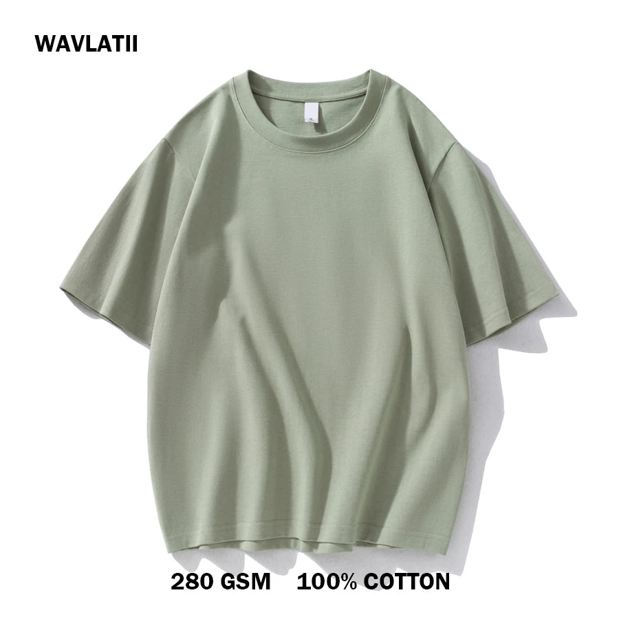 WAVLATII Neue 100 % Baumwolle 280 g/m2, dicke T-Shirts für Damen und Herren, weiß, lässig, übergroße T-Shirts, Unisex, einfarbig, schwarz, Basic-Tops WT2477