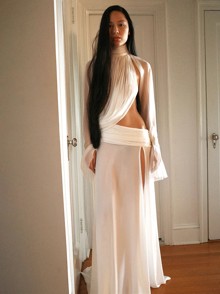 SiSterlinda Sexy Rollkragen Split 2-teiliges Set Frauen Durchsichtig Unregelmäßiges Crop Top + Röcke Passenden Club Elegante Passenden Anzug