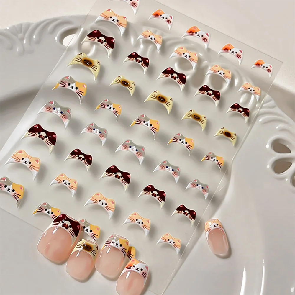 5D Niedliche Cartoon-Katzen-Nagelkunst-Sticker Orange Schwarz Süßes Katzengesicht- und Ohren-Design Kätzchen-Nagelaufkleber Kawaii Katzen-Nagelkunst für Maniküre
