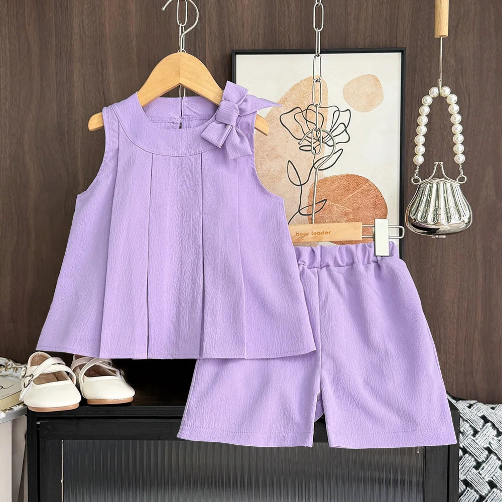 Bär Führer Süße Rosa Mädchen Kleidung Sommer Ärmellose Bogen Dekoration Plissee Weste + Shorts 2 Stück Olid Farbe Casual kinder Set