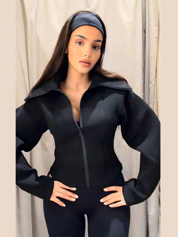 Damen Schwarze Reißverschluss-Jacke mit Revers, Eleganter Langarm-Cropped-Mantel mit Taillierung, Frühjahr 2026, Schicke Lässige Streetwear-Oberbekleidung