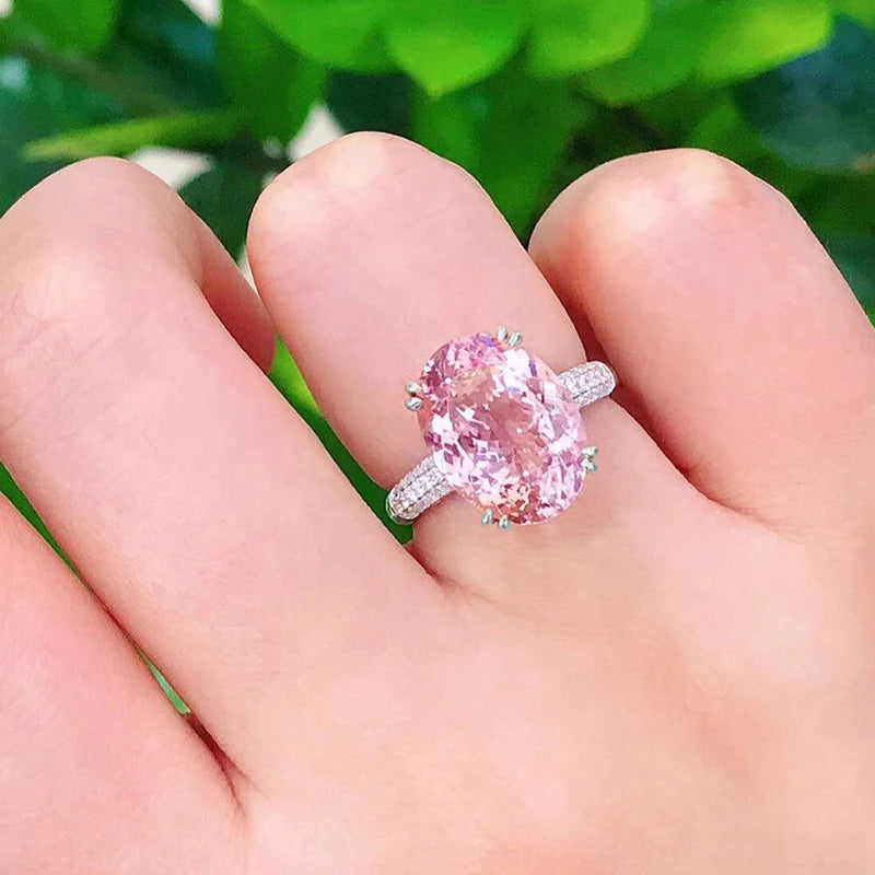 Huitan Große ovale rosa CZ-Ringe für Frauen, Verlobung, Hochzeit, Temperament, süßes weibliches Accessoire, Jahrestagsgeschenk, Statement-Schmuck