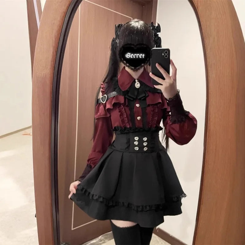 Damen-Lolita-Set, dunkles Femme-Mesh-Oberteil und Taillenrock, 2025, japanischer Herbst-Street-Style-Koord für Gothic-Baddie-Mode