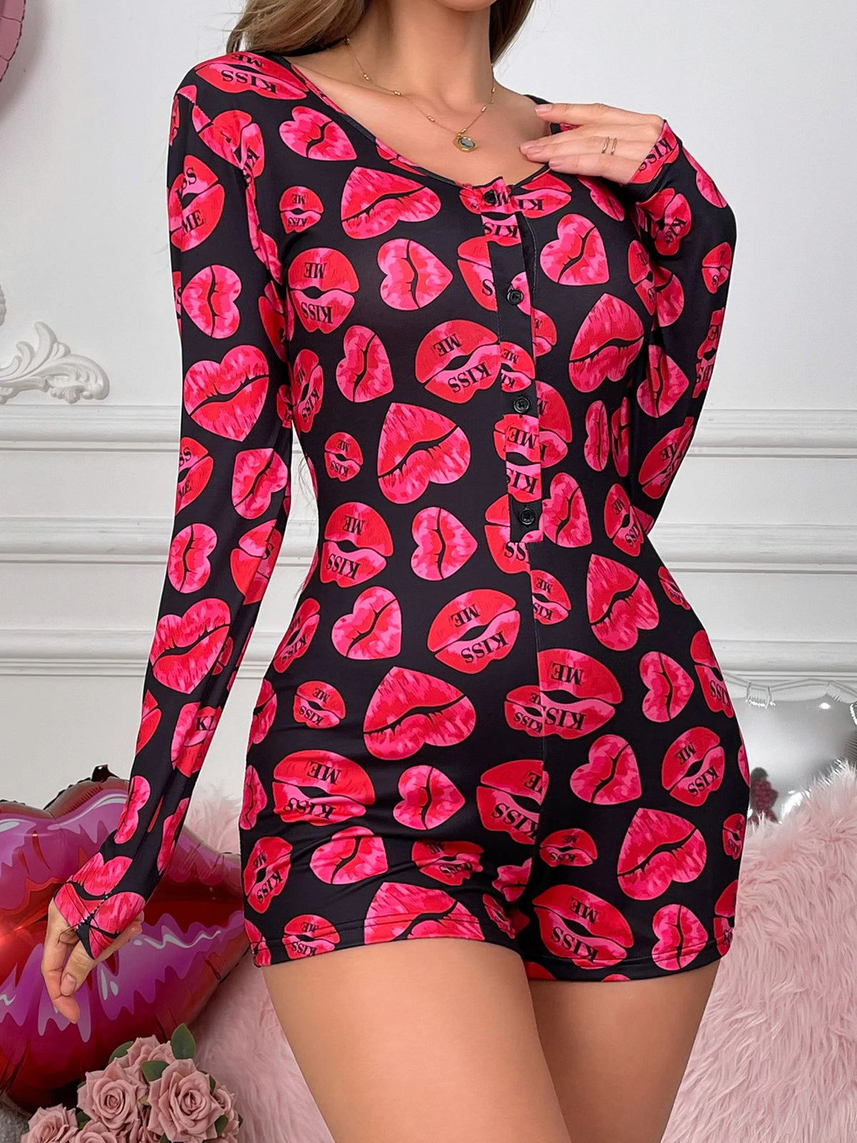 Damen-Pyjama-Set, Herz- und Buchstaben-Aufdruck, einteilig, kurzärmelig, Strampler, Nachtwäsche, kurzärmelige Nachtwäsche mit Hose, Pyjama-Set