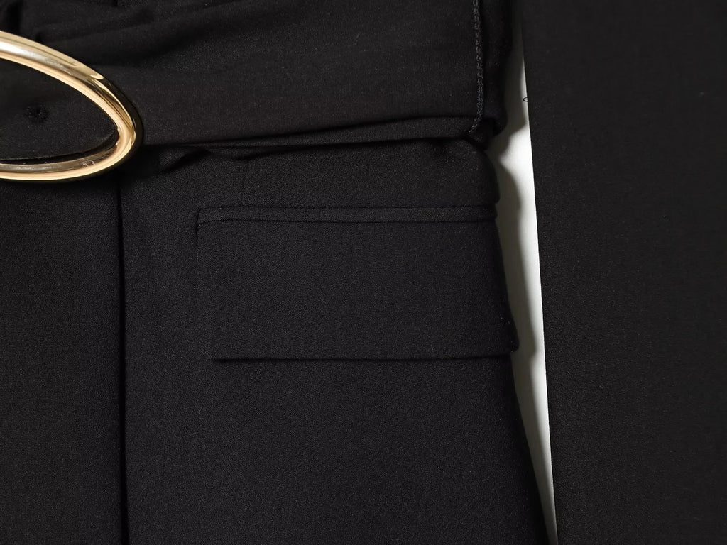 KONDALA Vintage Büro-Damenanzug Schwarz Einfarbig V-Ausschnitt Gürtel Taschen Blazer Lose Reißverschluss-Hose Mode 2026 Lässige Damen-Sets