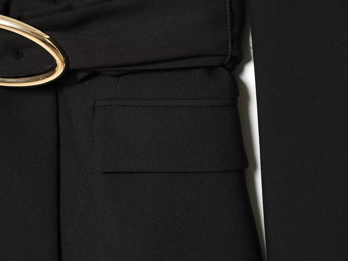KONDALA Vintage Büro-Damenanzug Schwarz Einfarbig V-Ausschnitt Gürtel Taschen Blazer Lose Reißverschluss-Hose Mode 2026 Lässige Damen-Sets