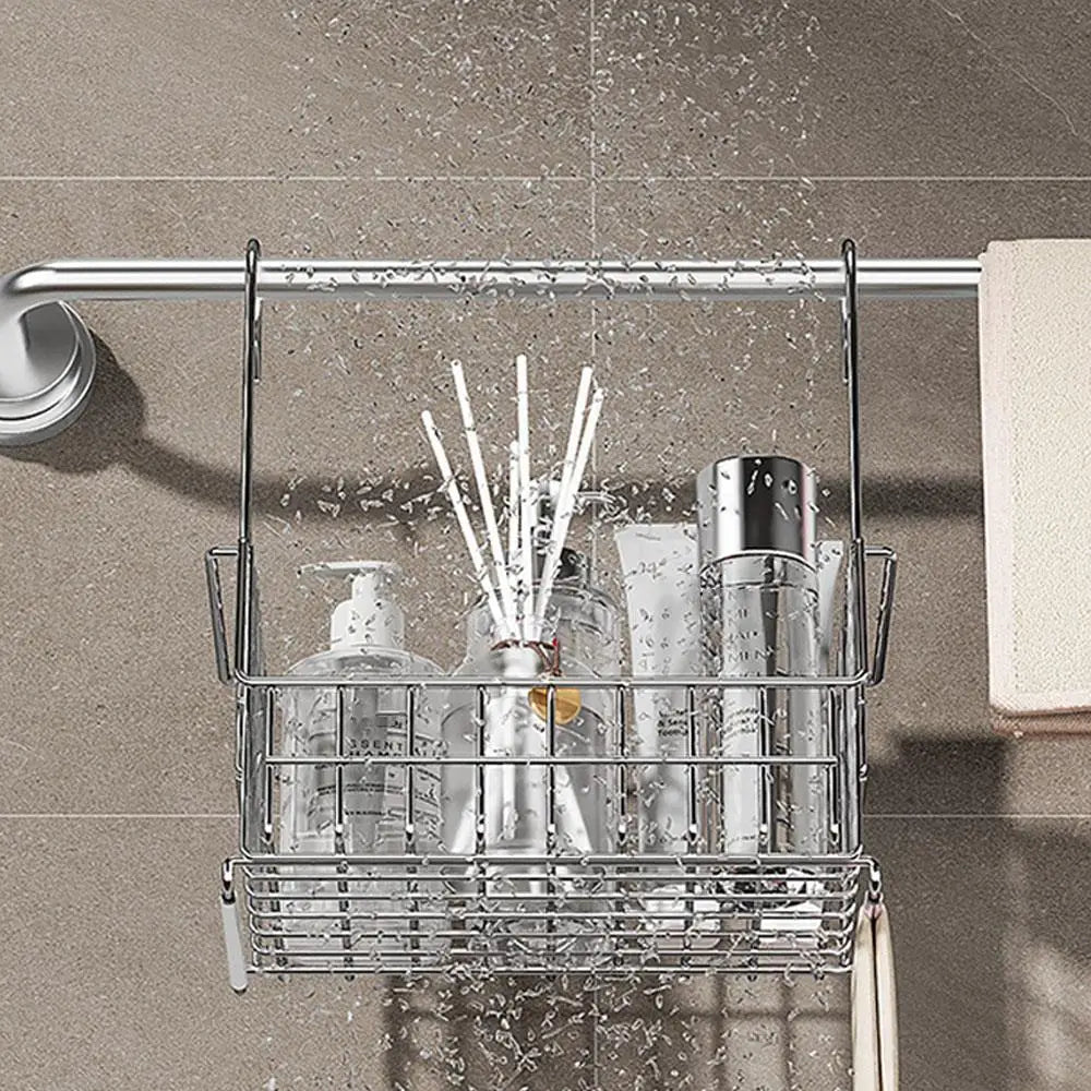 Badezimmerregal aus Edelstahl, ohne Bohren, Duschhalter, Hänge-Organizer, Hochschiene, Duschregal, Duschkorb mit Haken