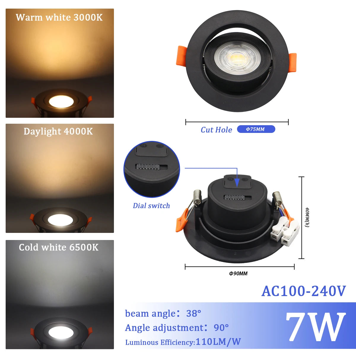 1-10 Stück 7W 3 CCT LED Farbwechsel 3000K 4000K 6000K LED-Deckenstrahler Einbauleuchte AC 110V 220V Einstellbar 90° °   Beleuchtungsspot