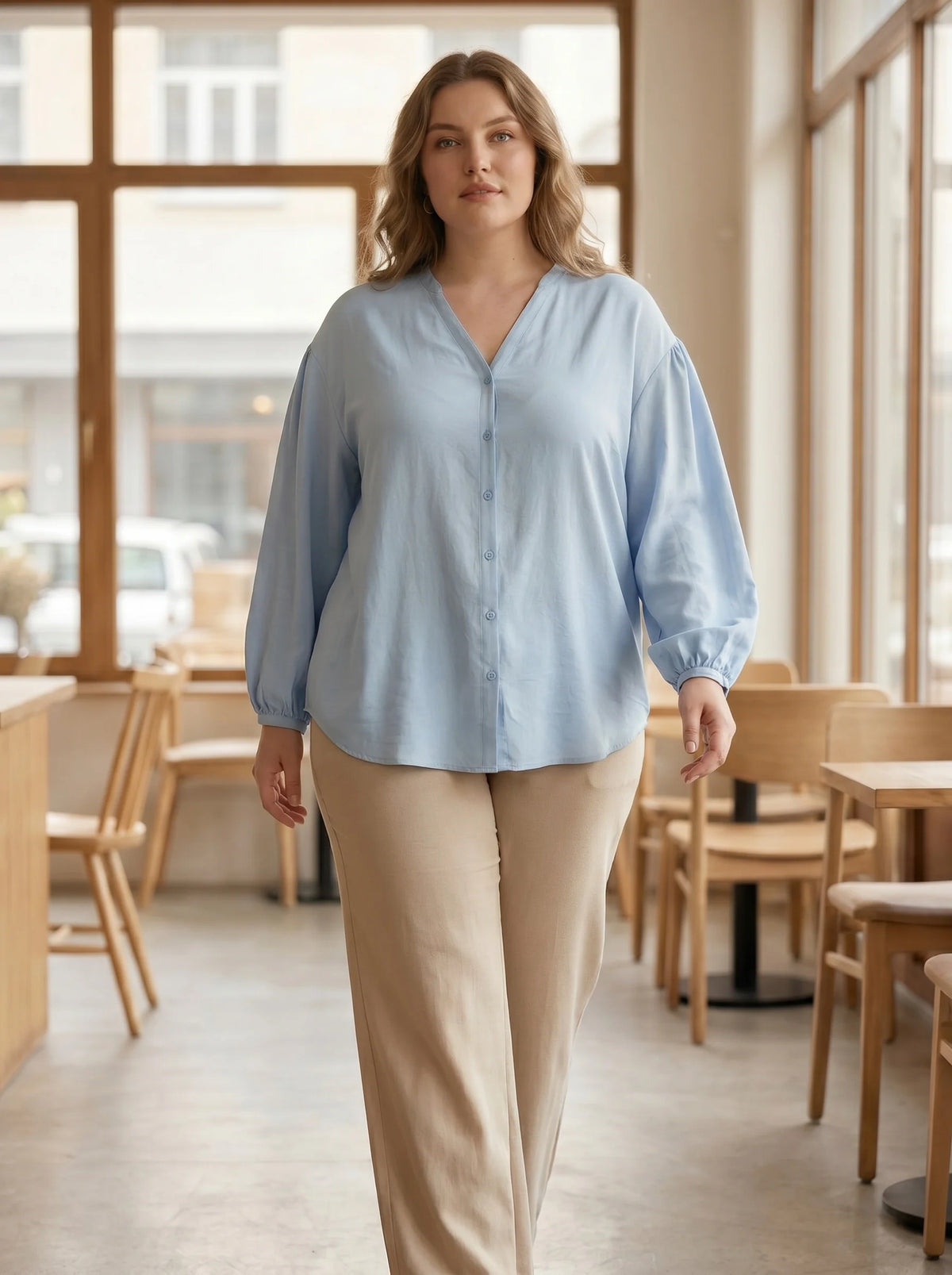 Rosa fera Plus Size Damen-Freizeitbluse mit V-Ausschnitt, langen Puffärmeln und lockerem Knopfverschluss